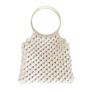 round metal handle macrame crochet handbag handmade cotton rope straw weave braid mesh net bag