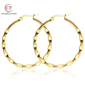 Chengfen Popular Women'S Stainless Steel Twisted Gold Plated Hoop Earrings Bali Jewelry