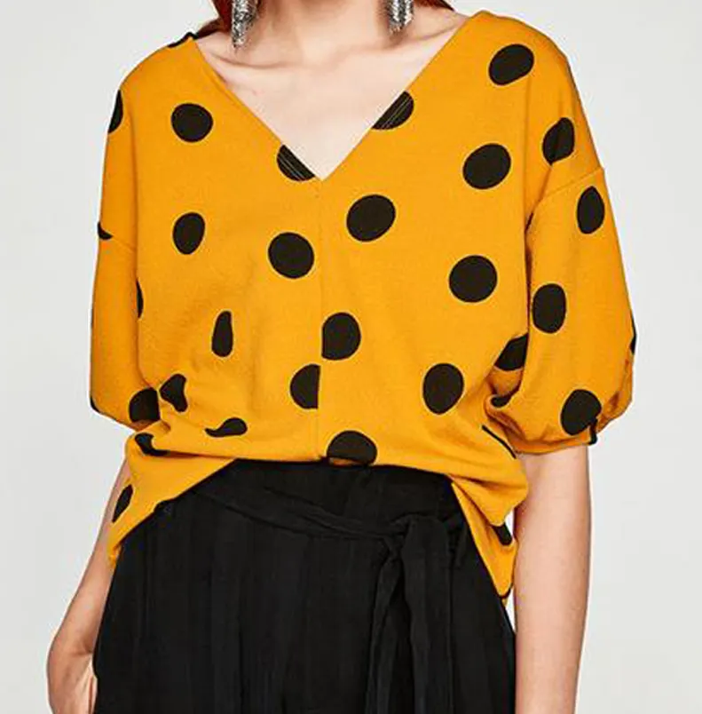 Fashion casual zomer gedrukt geel chiffon lady blouse & top