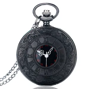 Vintage Charm Black Unisex Women Man Necklace Pendant Fashion Roman Number Quartz Steampunk Pocket Watch (KKWT82043)