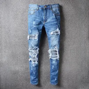 Royal wolf denim jeans fabrikant blue ripped en reparatie geribbelde patchwork italiaanse jeans merknamen