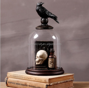 Halloween skull and Crow decoration with glass dome gift creepy - Product Image 1