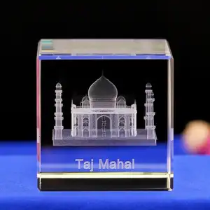 Taj Mahal Kubus Kaca Laser Kubus Terukir Bangunan Terkenal Mesjid Muslim Kristal untuk Hadiah Souvenir 3d Religius Eropa ZHEJIANG