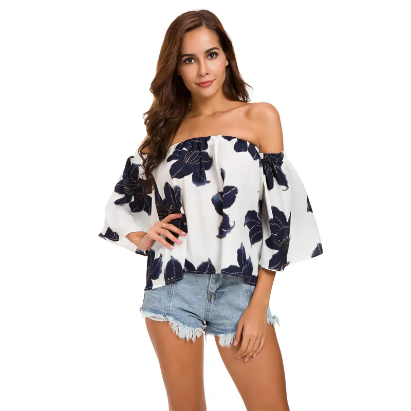Casual women clothing sexy new style off shoulder printed women semi tops and blouse