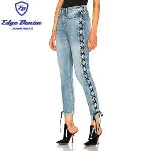 Personalizado 2019 Moda Feminina Cintura Alta Ripped Skinny Jeans Com Side Lace Up Ilhós