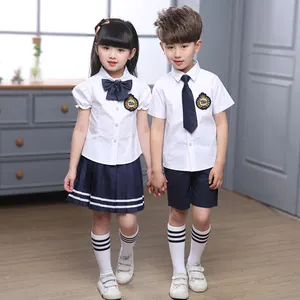 Kindergarten Primary Boys and Girls 2pcs sest Shorts Dress Short Sleeve White Blouse School Uniforms Design with Skirts Shirt