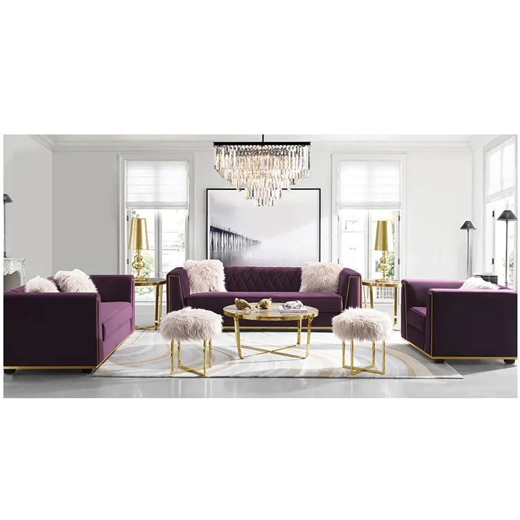 Clássico moderno mobiliário de sala de estar de luxo roxo 3 4 lugares seccional sofá da tela sets
