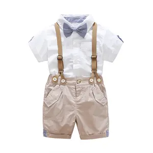 2019 新款夏季折扣男婴服装白衬衫短袖围兜两件套绅士领结儿童服装