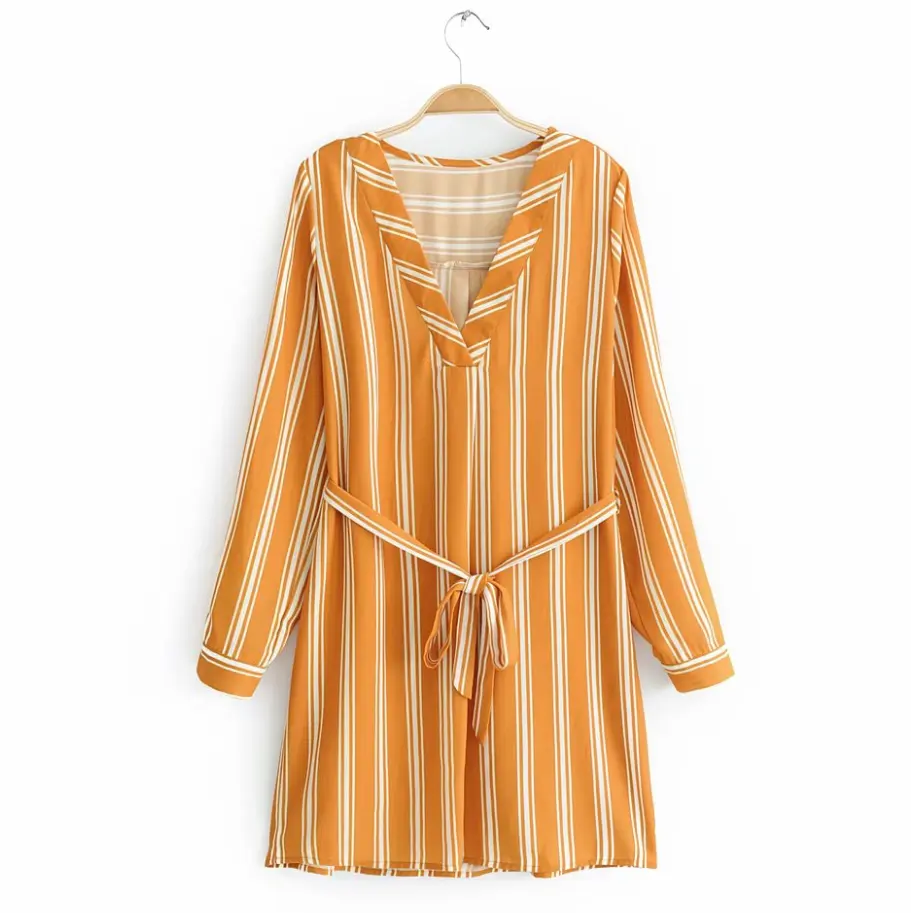 Good quality office lady style v neck long sleeve stripe color women chiffon dress with belt