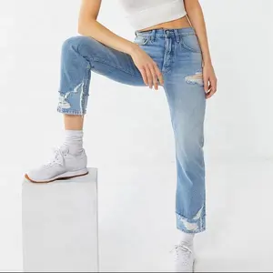 Kunden spezifische Blue Jeans Bleichmittel waschen gerade zerrissene Mode Frauen Jeans