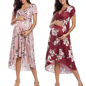 批发孕妇裹身连衣裙图案花卉前领带高低孕妇长
