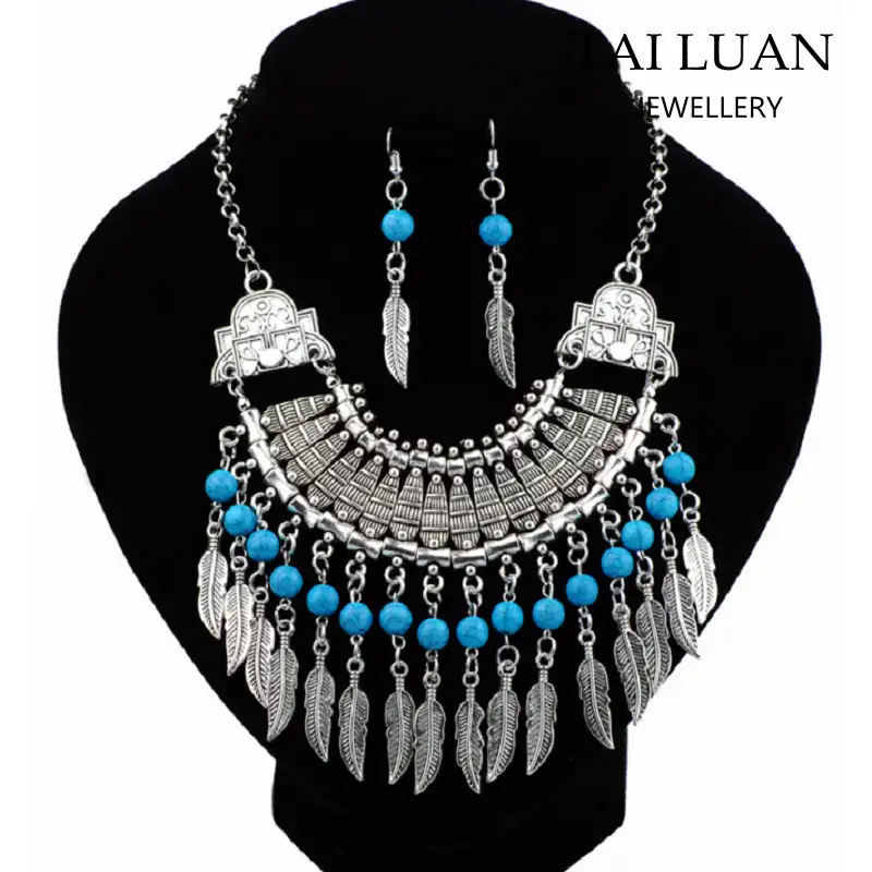Wholesale turquoise leaf tassel tribal necklace jewelry ethnic jewellery