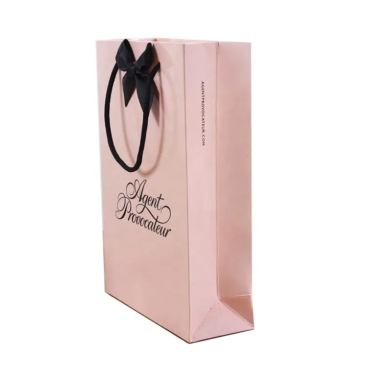 New design wholesale low cost recycled pink paper bag with ribbon tie