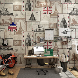 Papier peint décoratif de style architecture classique de <span class=keywords><strong>Paris</strong></span> et de Londres, design de timbres, pour bar - Product Image 1