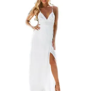 Women Fashion White V Neck Spaghetti Strap Beach Style Maxi Lace Dress