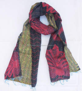 Handmade Kantha Embroidered Silk <b>Scarf</b> Stole <b>Vintage</b> Colorful Long Summer Style Custom Design for Adults for Winter Spring - Product Image 1