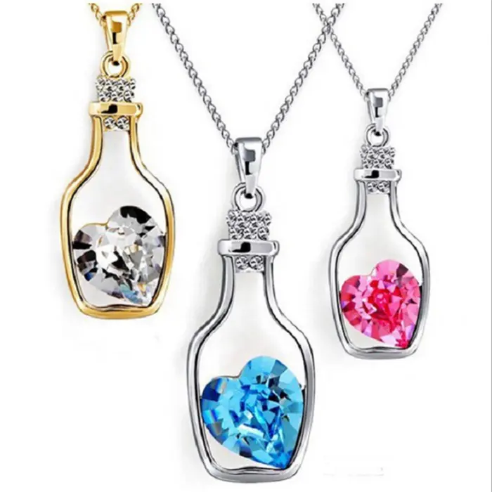 Hot Sale Wanita Gadis Botol Liontin Kalung Cinta Jantung Crystal Alloy Liontin Kalung