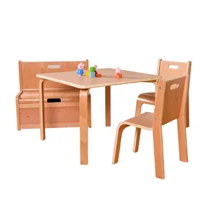 Cubby Plan LMMS-015 Solid Wooden Table Chairs and Bench Kid Wood Furniture Set