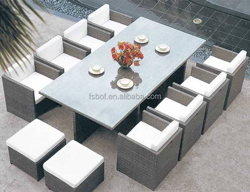 屋外用家具籐ガーデン大きなテーブルと椅子セット12人用屋外パティオテーブル籐チェアAA3003