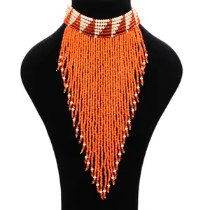 Manik-manik Kristal Mode Desain Boho Buatan Tangan Manik-manik Biji Kepang Panjang Rumbai Kalung Choker untuk Wanita Perhiasan