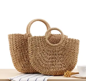 Simple style pure color summer beach straw tote bag for women