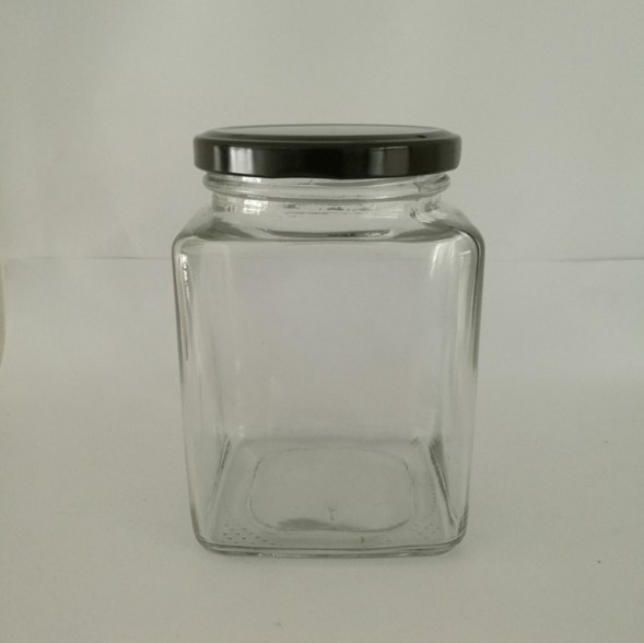 square shaped honey glass jar jam / storage jar with screw metal lid