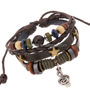 Nouveau Bracelet marron, style Hippie, Boho, artisanal, en cuir, étoiles G Clef, Note, breloques métalliques, boutons en bois, perles, enveloppe ajustable, unisexe - Product Image 4