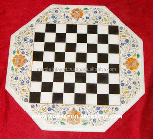 Dessus de Table décoratif en pierre de marbre blanc et noir, fait à la main, motif d'échecs, pour l'exportation - Product Image 1