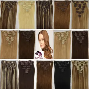 Stok tersedia klip dalam rambut 15 "16" 18 "20" 24 "3 buah 6 buah 7 buah 8 buah 10 buah ekstensi rambut 100% rambut manusia