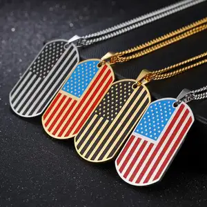 Cheap Heavy Thick Stainless Steel American Flag Patriotic Necklace Dog Tag Pendant for National Independence Day