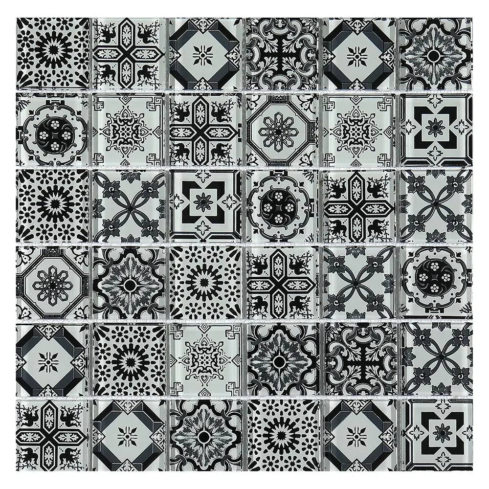 Black and white antique arabesque flower design crystal glass mosaic tiles