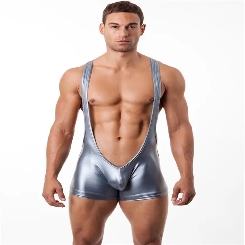 Erotic Leather Wrestling Singlet Lingerie Sexy Plus Size Men Gay Underwear Bodysuit Catsuit Mens Latex Underwear S M L XL