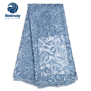 Tessuto in Pizzo Africano Bestway 2026 con Motivo a Foglie Rosso Vino e Paillettes Ricamate - Product Image 4