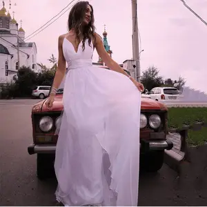 JIERUIZE beyaz şifon basit Boho düğün elbisesi spagetti sapanlar Backless plaj gelin elbise gelinlikler robe de mariage