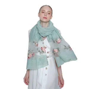 Women Simulation Silk Cut Flower Scarf Scarves Girls Embroidery Wild Sunscreen Shawl Adult Long Embroidered Lace Scarfs