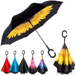 2023 Fashion Innovative Trending Double Layer Upside Down Windproof Fiber Glass Sunflower Printing Inverted Umbrella