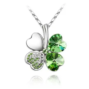 Aksesoris Perhiasan Mode Lucky Green Kristal Empat Daun Semanggi Hati Liontin Kalung untuk Wanita