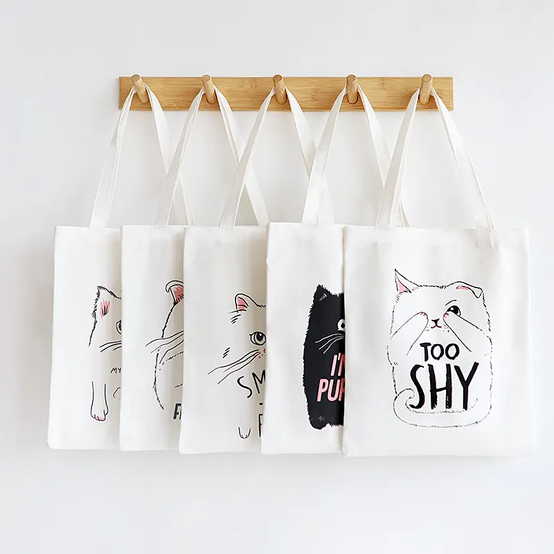 Lovely cat pattern canvas tote bag shopping bag with inner pocket