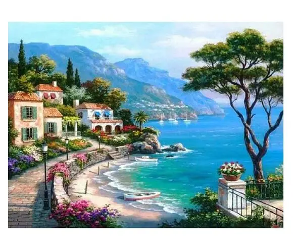 Bricolage Diamant Broderie Villa Bord de mer Paysage Naturel Diamant Peinture Point De Croix