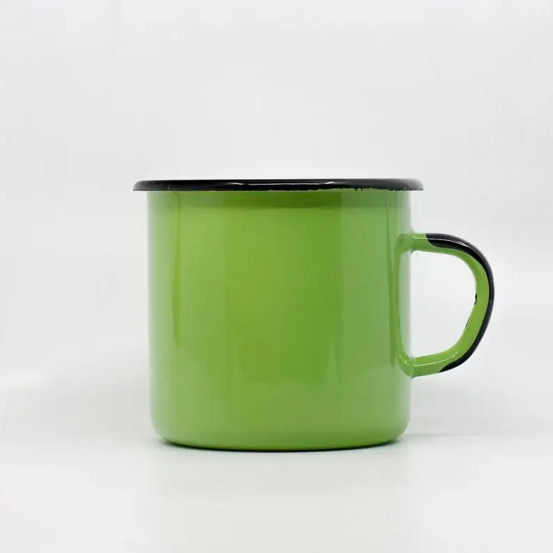 Tazas personalizadas de acero y metal para acampada, juego de tazas de café en blanco y verde de 12oz