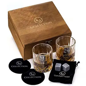 Whiskey gift wood box 8 Granite Whiskey Rocks 2 Crystal Glass cup Velvet Bag set by Reusable Cooling Ice Stones