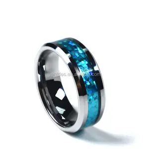 Gentdes Jewelry Anniversary Band Comfort Fit Abgeschrägte Kante 8mm blaue Pailletten Inlay Wolfram Ring