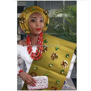 Queency Gold-corbata para la cabeza para mujer, diseño de secuencia de lujo africano Aso-oke Gele, fiesta
