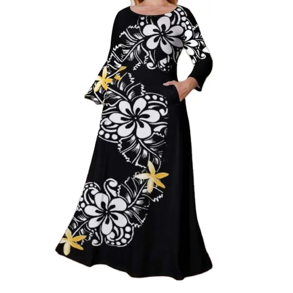 Print On Demand Factory Price Polynesia Samoa Tribal Printed Women's Long Sleeved Dress Custom Women's Loose Big Size Dress