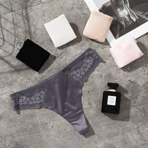 Women's Seamless Thong Underwear Floral Lace Low-Rise Thong <b>Panties</b> Ice <b>Silk</b> Breathable T-back Solid Sexy Underwear Daily Wear - Product Image 2