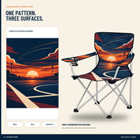 Chaise pliante portable robuste avec accoudoirs, porte-gobelet et motif logo personnalisé pour les sorties en plein air et les moments de détente au coucher du soleil