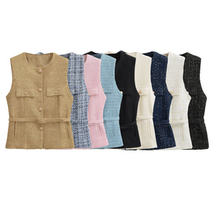 8 Colorway Crew Neck Button up Sashes Casual Fashion <strong>Tweed</strong> Vest <strong>Waistcoat</strong> for <strong>Women</strong> - Product Image 1