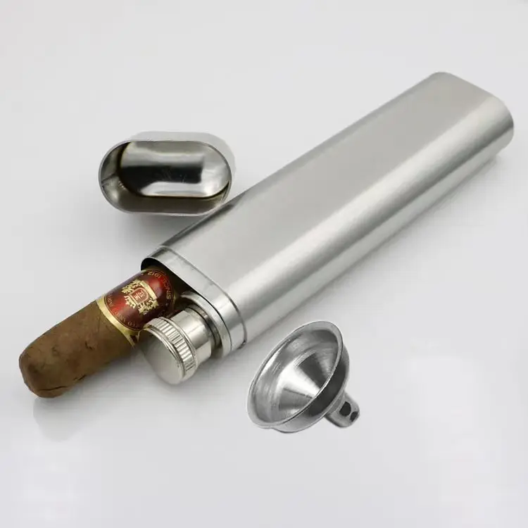 DDP USA RUSSIA 2 oz Stainless Steel Liquor Whiskey Flagon Hip Flask with 1pc Cigar Holder Case Tube with Funnel