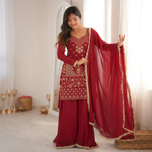 SGF-*72Pryosha Enterprise <b>Women</b> Crimson Red Georgette Short <b>Kurta</b> Designer Cross-Lace Back Sharara Suit - Product Image 1