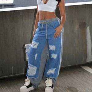 Nouveau Jean en molleton patchwork pour femme, taille haute, coupe large, style streetwear décontracté, jean baggy, pantalon en denim déchiré pour femme - Product Image 1